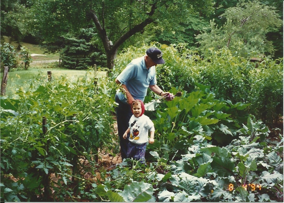 My dad tending his garden in later years (after I actually got married) The tomato plants are on the left, my son is supervising.
