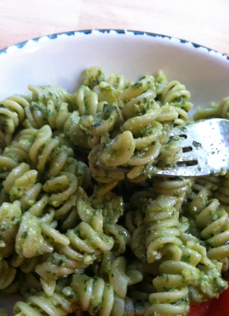 If you use rotini, then the pesto gets stuck in the twirls and is amazing!  