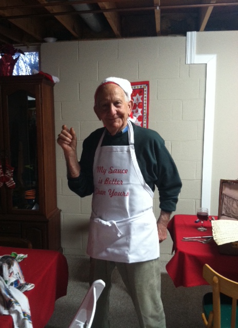 A Uncle Richard at Christmas, in the apron I designed with him in mind.