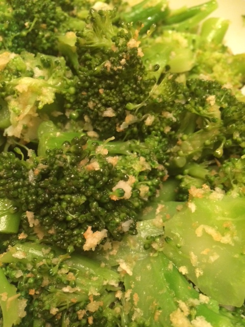 Yummy broccoli with olive oil, butter, garlic and toasted Panko.