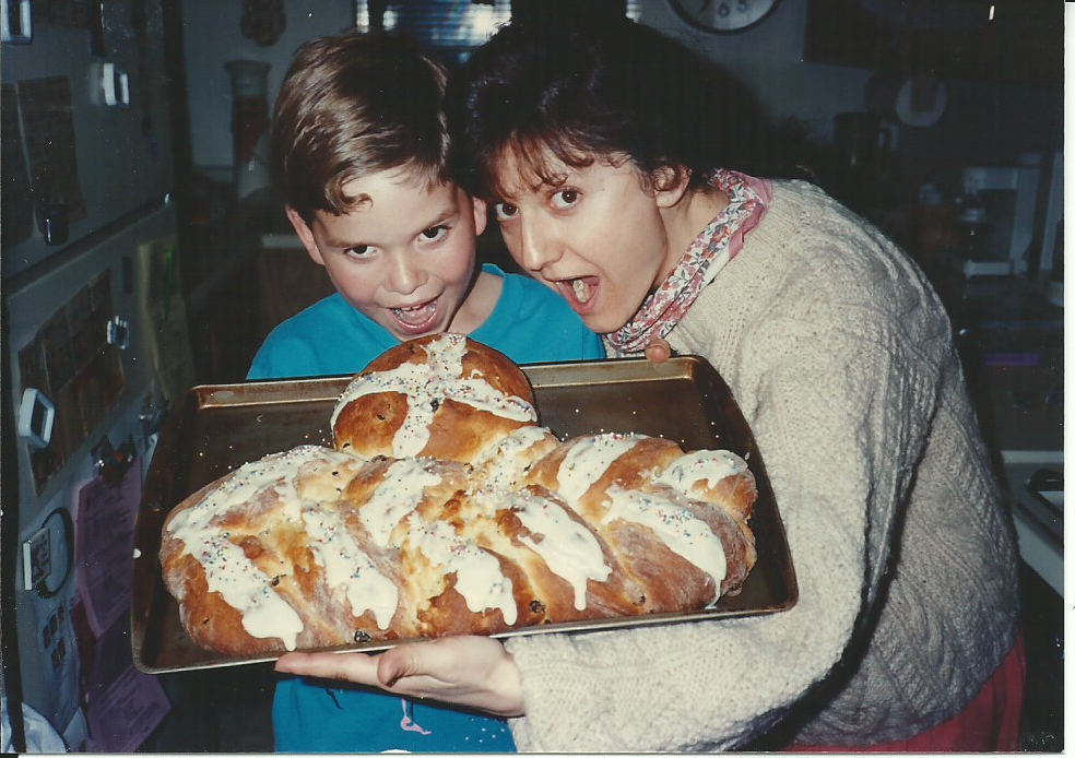 Me and my step-son, Brandon, many moons ago excited over our Easter bread.