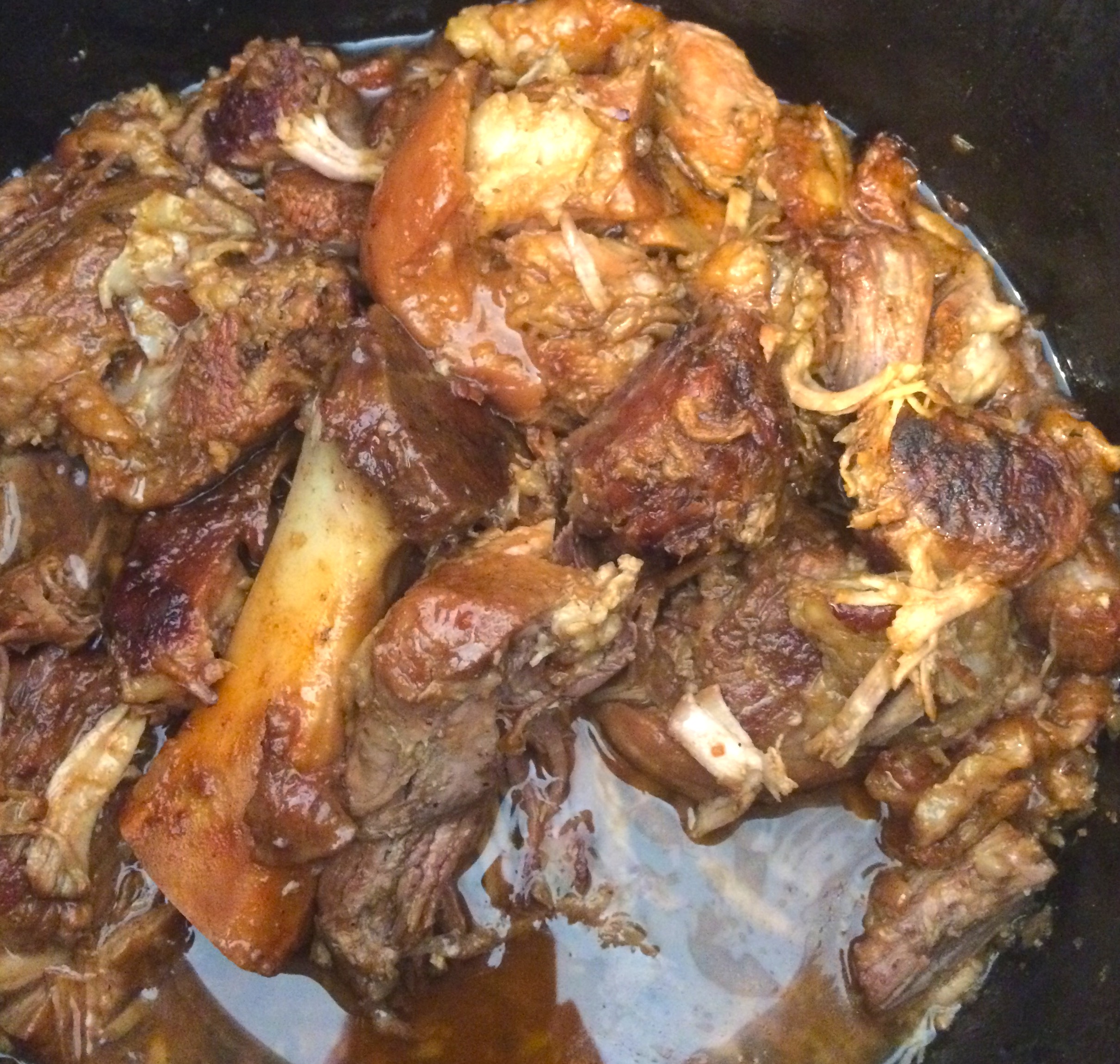 This is how it looks when it's done cooking. Just pull it apart, get rid of the fat and bone, and serve it.